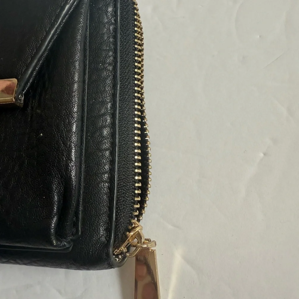 Black Leather Modern Wristlet Clutch Purse